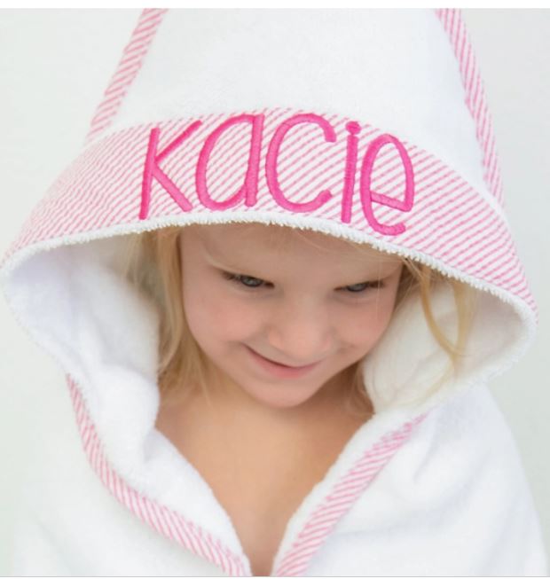 Seersucker Trim Hooded Bath Towel with Embroidered Monogram