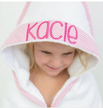 Load image into Gallery viewer, Seersucker Trim Hooded Bath Towel with Embroidered Monogram
