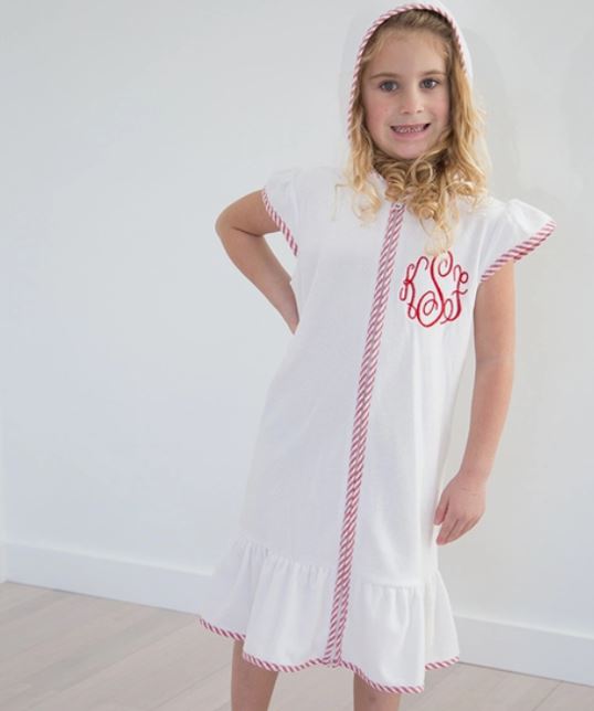 Girls Terry Cover Up - Red Seersucker Trim with Embroidered Monogram